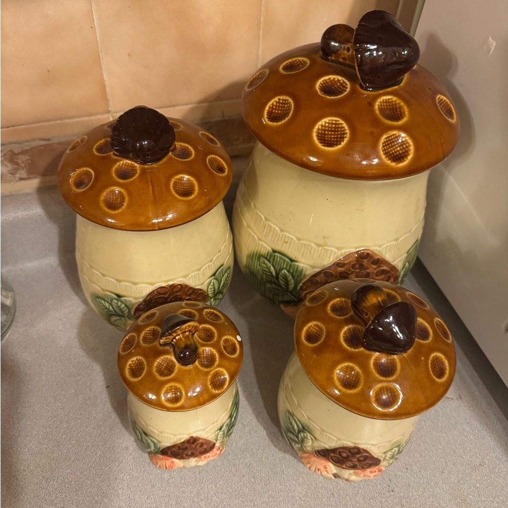 Vintage Rare Ceramic Mushroom Canister Set in Brown and Cream Made in Japan